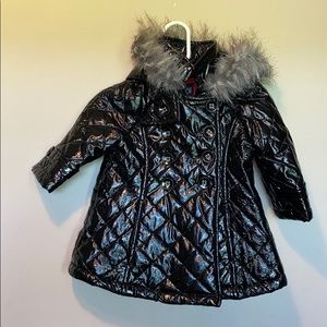 Toddler Fall jacket. Shiny black with fur hood.